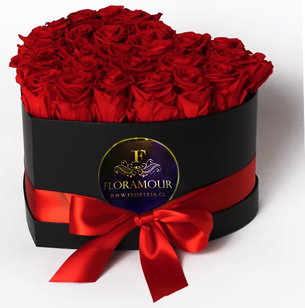 Sofisticada caja en forma de corazón de color negro con 25 rosas ecuatorianas. Servicio solo en Santiago de Chile. Seleccione color de las rosas:
